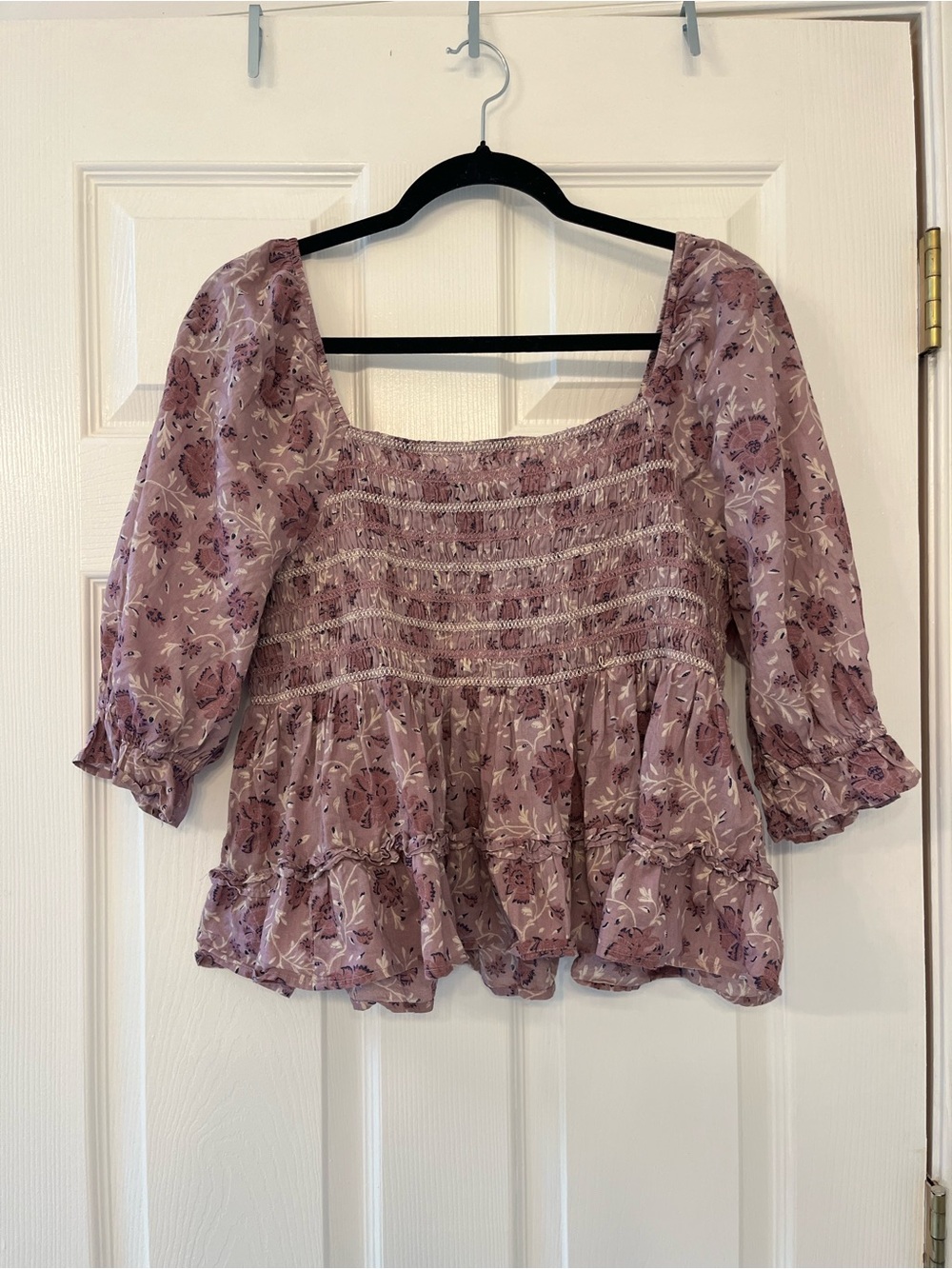 American Eagle Outfitters Lavender Floral Smocked Peasant Blouse